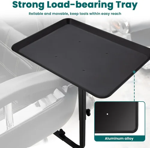 Vista 7 de Noverlife Bandeja de metal para salón unida a la silla, bandeja de silla de peluquería de rotación de 360 grados para herramientas de peluquería