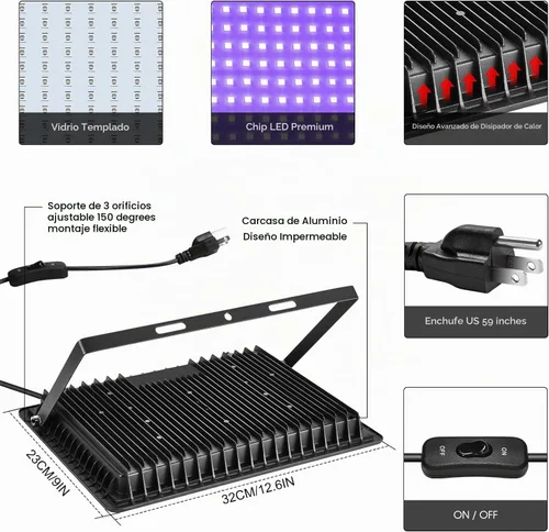 Vista 3 de YANYCN Paquete de 2 Luces LED Negras de 200W, Reflector de Luz Negra para Halloween al Aire Libre con Enchufe e Interruptor, Impermeable IP66