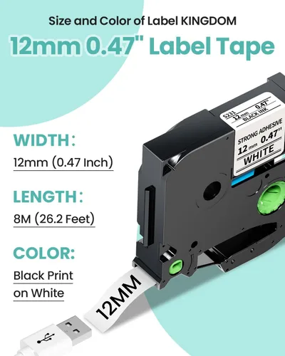 Vista 6 de TZe-S231 - Cinta de etiquetas compatible con Brother P Touch de 0.472 in, 0.47 pulgadas, negro sobre blanco, cinta laminada extra resistente