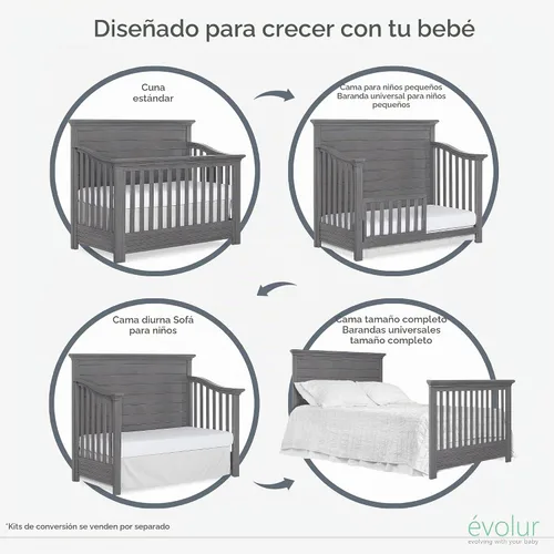Vista 6 de Evolur Waverly - Cuna convertible de panel completo 5 en 1 en gris rústico, certificado JPMA y Greenguard Gold, fabricada con madera dura seca al