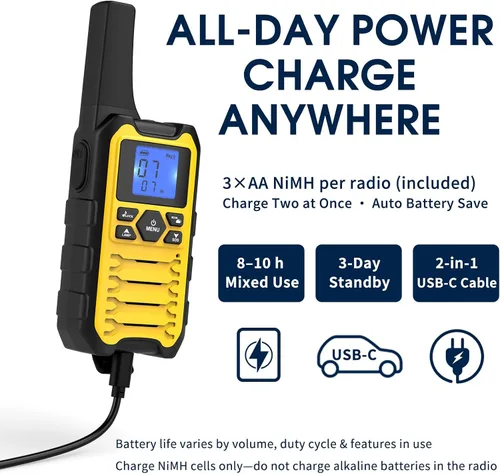 Vista 6 de Wishouse Walkie Talkies K15 de largo alcance para adultos, radios recargables bidireccionales, paquete de 2 unidades, 2 W FRS, 22 canales, USB-C