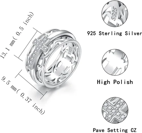 Vista 4 de Anillo giratorio de plata de ley 925 con cruz de Sariel, anillo de dedo para mujer, madre e hija