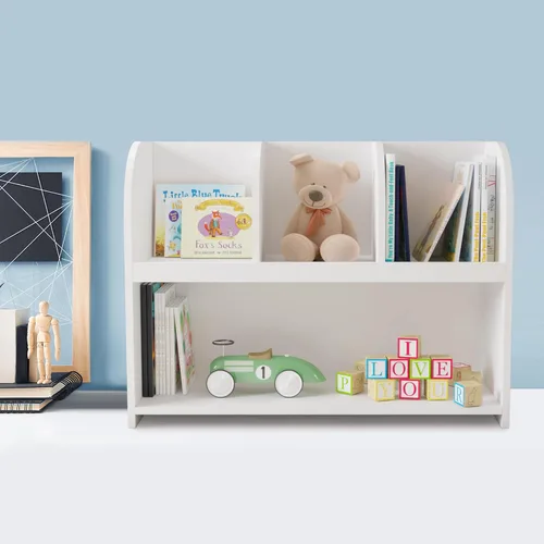 Vista 4 de Estantería para niños, estante de almacenamiento con 4 compartimentos, organizador de libros para niños, gabinete organizador de libros