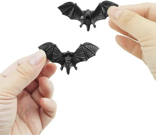 Vista 3 de SaktopDeco Murciélagos negros para decoración de Halloween, mini murciélagos artificiales de plástico 3D para manualidades, broma espeluznante