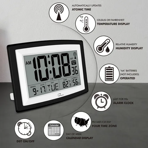 Vista 6 de WallarGe Reloj atómico de 12,5 pulgadas con temperatura y humedad Reloj digital de pared o escritorio con pilas, DST automático, pantalla grande