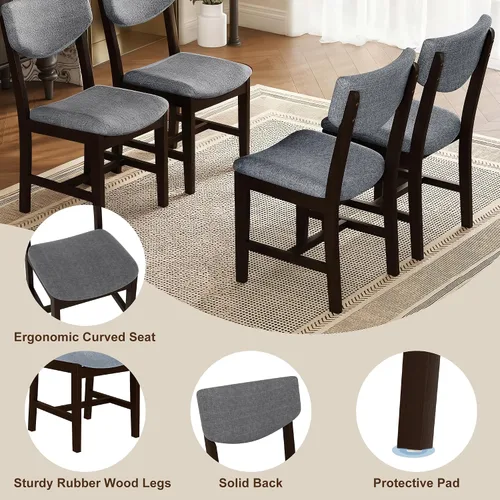 Vista 4 de Mesa de comedor de madera de 5 piezas y 4 sillas tapizadas, mesa rectangular con sillas, asiento y respaldo acolchados de lino para comedor, cocina