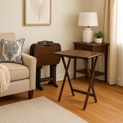Vista 3 de Ergode Juego de mesa de madera de 5 piezas, elegantes mesas plegables, base duradera con marco en X, práctico soporte vertical, fácil montaje Marrón