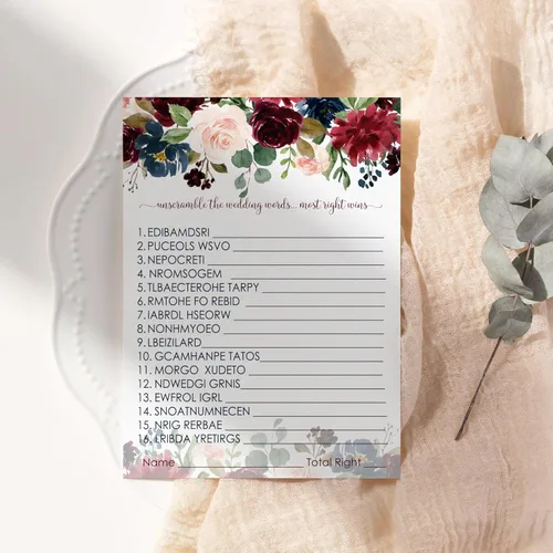 Vista 3 de Juegos de despedida de soltera con flores azules, 25 cartas, juego de palabras de boda, divertida actividad de adivinación para invitados, fiestas
