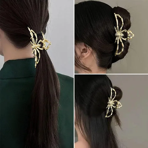 Vista 6 de Pinzas para el pelo de araña dorada de metal francés, pasadores grandes sin arrugas para cabello grueso y fino, horquillas elegantes para decoración