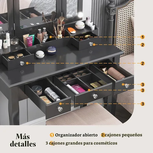 Vista 4 de Escritorio de tocador con espejo y luces de maquillaje con luces mesa con luz tocador de maquillaje con cajones negro juego de tocador para niñas