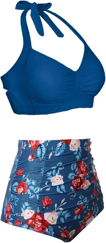 Vista 2 de Holipick Conjunto de bikini de cintura alta para mujer, traje de baño de dos piezas con control de abdomen, parte superior halter con parte