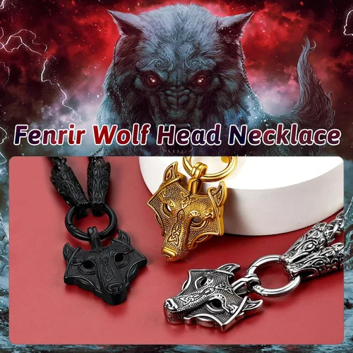 Vista 5 de FaithHeart Collar grueso de collar vikingo nórdico punk, de acero inoxidable, nudo celta, cabeza de lobo, amuleto, joyería de regalo