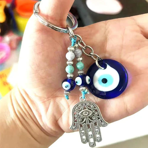 Vista 4 de Turkish Evil Eye Keychain Handmade Alloy Keyring Good Luck Pendant Charms Home Decor Accessory