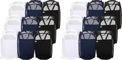 Vista 7 de AQQA Juego de 9 cestas de malla para la ropa sucia, negro/blanco/azul, asas duraderas, plegable, construcción de malla resistente, ideal para niños