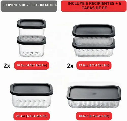 Vista 2 de EATEX Paquete de 6 recipientes de vidrio para preparación de comidas con base ranurada, 6 recipientes de almacenamiento de vidrio apilables sin BPA