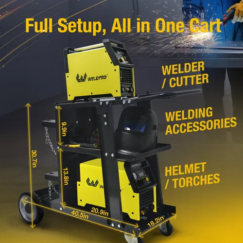 Vista 7 de Weldpro - Carro de soldadura para soldador MIG, soldador TIG y cortador de plasma, carrito de soldador resistente de 3 niveles con capacidad