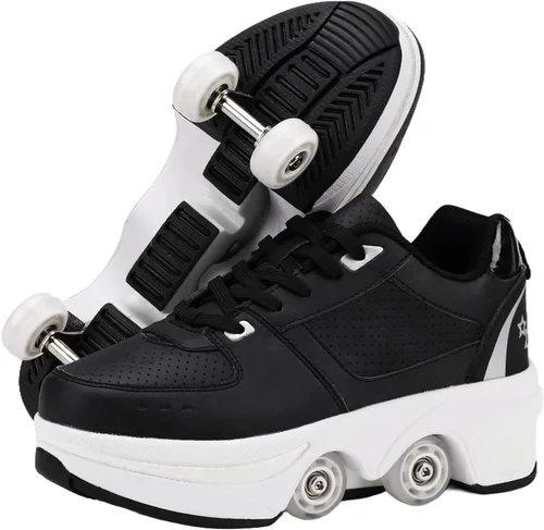 Vista 13 de Zapatillas de Patines de Ruedas para Niñas, Niños, Mujeres, Hombres, Zapatos de Patinaje de Doble Fila, Zapatillas con Ruedas Retráctiles, Patines