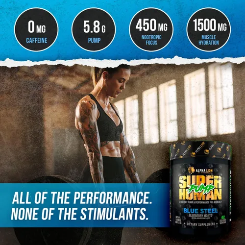 Vista 3 de ALPHA LION Superhuman Pump Polvo para antes de ejercitarse, suplemento preentrenamiento nootrópico libre de cafeína y estimulantes, potenciador
