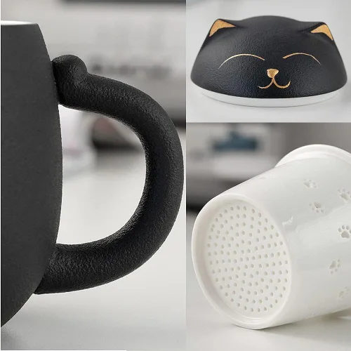 Vista 4 de Taza de té para gatos con infusor y tapa, bonitas tazas de cerámica para gatos para remojar hojas sueltas, tazas de té de 11.8 fl oz con funda