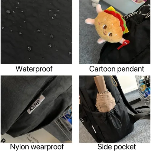 Vista 7 de Mochila Kawaii con bonitos accesorios, nailon impermeable, múltiples capas intermedias y bolsillos externos, Negro -, Lindos accesorios