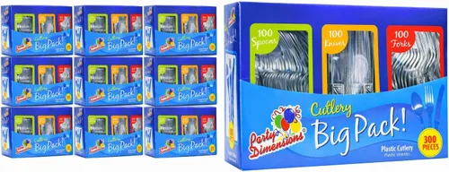 Vista 8 de Party Dimensions Caja combinada de cubiertos de plástico de 300 unidades, juego de cubiertos desechables de plástico transparente, 100 tenedores