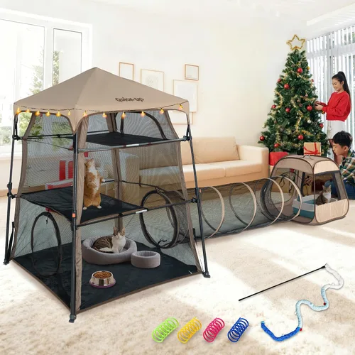 Vista 10 de Catio extragrande para gatos al aire libre, tienda de campaña 3 en 1 para gatos con túnel/cubo desplegable, catio portátil, tienda de campaña
