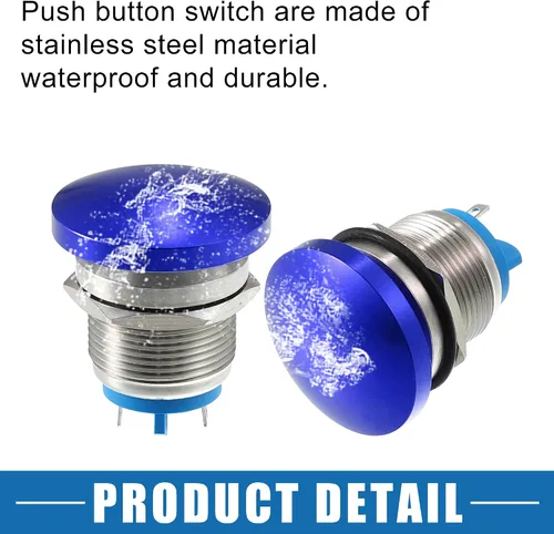 Vista 5 de Impermeable IP65 Momentaria Cabeza de Seta Interruptor de Botón para Coche Metal 0.748 in 3A 250V Botón Interruptor Azul (Juego de 2)