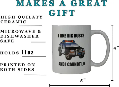 Vista 4 de Rogue River Tactical Divertida taza de café de policía con texto en inglés "I Like Big Busts And This Is How I Roll Cop Car Novelty Cup Set