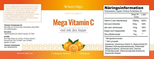 Vista 4 de Nutri-Align Mega Vitamina C 120 cápsulas de vitamina C de alta resistencia de 1000 mg - VIT C y suplemento de zinc, hierro y cobre Suplementos
