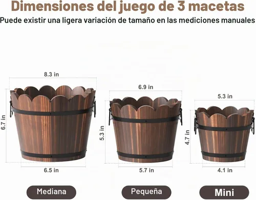 Vista 2 de HakkaGirl Macetas de madera con forma de barril, macetas rústicas para patio y decoración de interiores, juego de 3 Marrón - Juego de 3