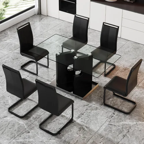 Vista 14 de Juego de 4 mesas de comedor de cristal, juego de mesa de comedor de Mesa negra+silla negra