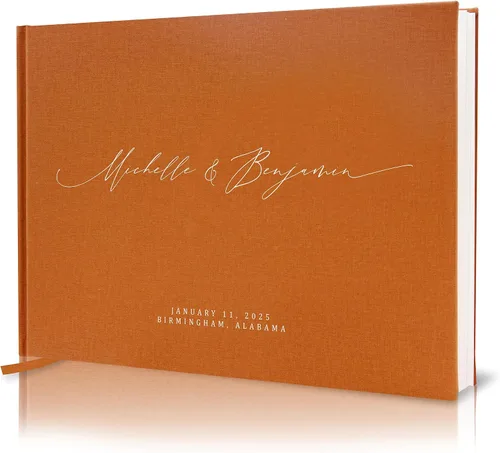 Vista 16 de MUUJEE Libro de visitas personalizado con brillo bronce - Libro de invitados moderno personalizado de alta calidad para recepción de boda, fiesta