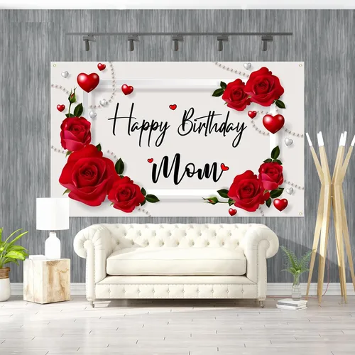 Vista 6 de Labakita Telón de fondo de feliz cumpleaños para mamá, letrero de decoración de cumpleaños de madre madre, telón de fondo de decoración de feliz