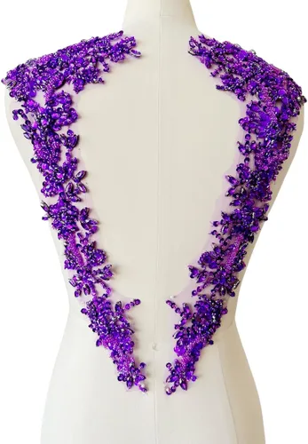 Vista 7 de Apliques hechos a mano con cuentas de diamantes de imitación para coser en parche de encaje de cristal, 1 par para ropa de bricolaje, vestido