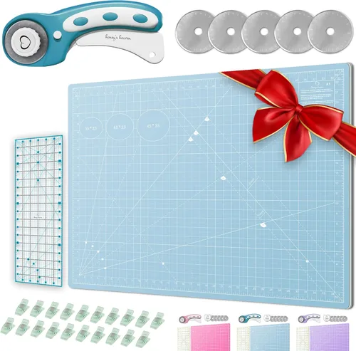 Vista 10 de Juego de cortador giratorio - Kit de acolchado incl. Cortador de tela de 45 mm, 5 cuchillas de repuesto - Ideal para manualidades, costura, parcheo