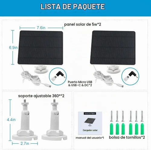Vista 7 de Panel solar para cámara de seguridad, panel solar USB de 5 W para cámaras de CC 5 V, cargador de panel solar para cámara, micro USB, USB-C y CC