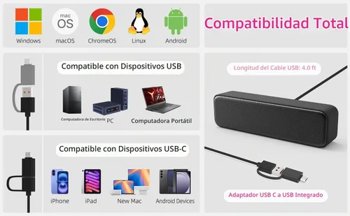 Vista 4 de Altavoces de computadora para PC de escritorio, altavoces externos para laptop, mini barra de sonido de computadora para PC, altavoces con conexión
