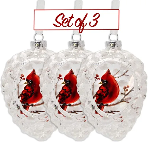 Vista 6 de Cardinals Adornos de Navidad – Juego de 3 – Adornos en forma de piña – Cardenal en una rama con bayas – 4 pulgadas de alto