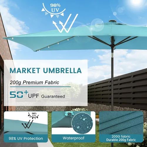 Vista 5 de MONDAWE Paraguas rectangular de mercado con luces LED solares de 10 x 6.5 pies para exteriores, sombrilla de patio con manivela, sombrilla de mesa