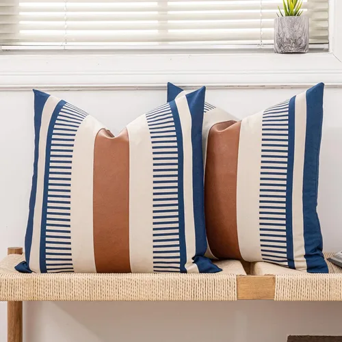 Vista 18 de Juego de 2 fundas de almohada bohemias a rayas de 16 x 16 pulgadas, fundas de almohada de cuero modernas para sofá, cama, decoración de granja