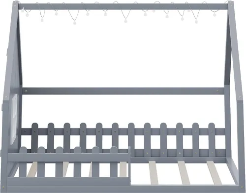 Vista 8 de Bellemave Cama de casa tamaño matrimonial, cama de piso de madera para niños, cama Montessori con barandillas y listones para niños y niñas, altura