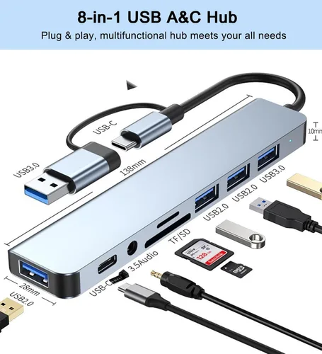 Vista 9 de Hub USB C Hub USB 3.0 con lector de tarjetas SD/TF, conector auxiliar de auriculares de 0.138 in, divisor USB 8 en 1 para MacBook Pro Air, XPS