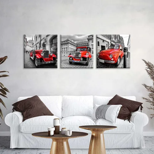 Vista 5 de 3 piezas de lienzo rojo vintage para automóvil clásico con arquitectura histórica, automóvil antiguo en blanco y negro, fotografía callejera, arte