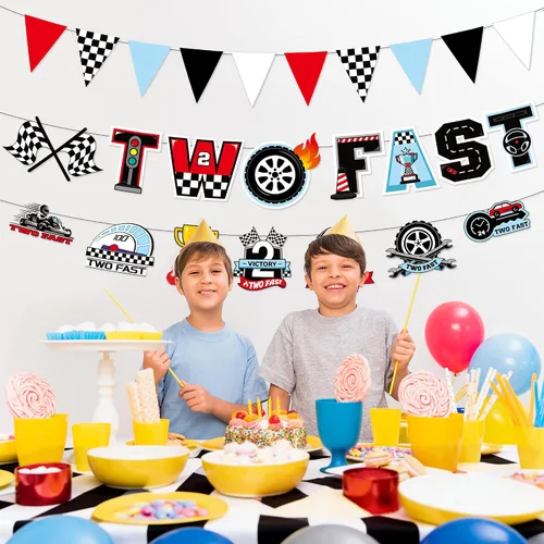 Vista 7 de Decoración de dos cumpleaños rápidos, pancarta de papel de autos