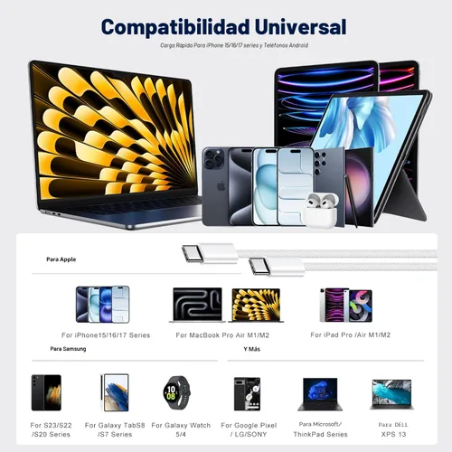Vista 6 de Cable USB C a USB C de 3 pies Certificado Paquete de 2 unidades 60 W usbc Tejido Carga Rápida Tipo C Cargador Compatible con iPhone 17/16 Pro Max