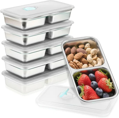 Vista 10 de 2 cajas Bento de acero inoxidable 304, 2 compartimentos, contenedores portátiles de almacenamiento de alimentos, cajas de aperitivos con tapas, caja