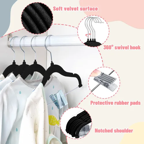 Vista 3 de ManGotree Perchas de terciopelo para bebé de 11.8 pulgadas con clips movibles, perchas de fieltro antideslizantes para niños, perchas de ropa