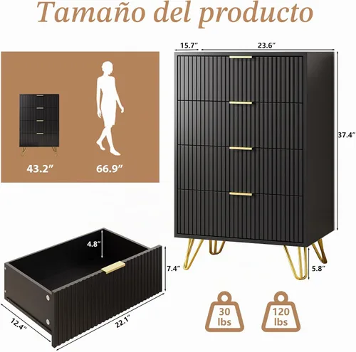Vista 2 de MAISONARIA Cómoda negra para dormitorio, cómoda de 4 cajones con tiradores de metal dorado y cómodas, cómodas para pasillo, dormitorio