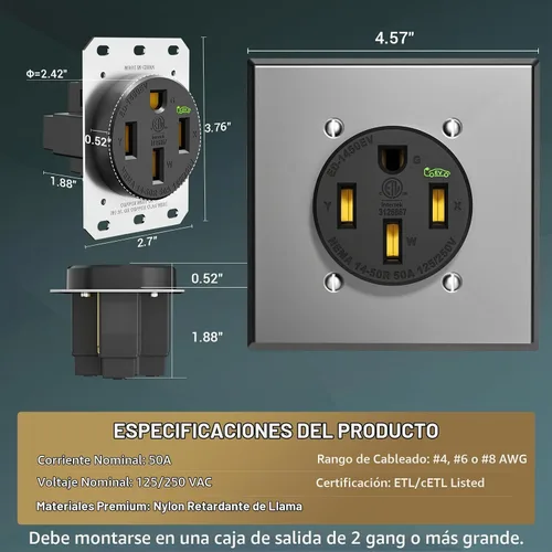 Vista 8 de Toma de corriente NEMA 14-50R de 50 amperios con placa de pared de acero inoxidable: 2.42 pulgadas de diámetro, abrazadera de latón en forma de U