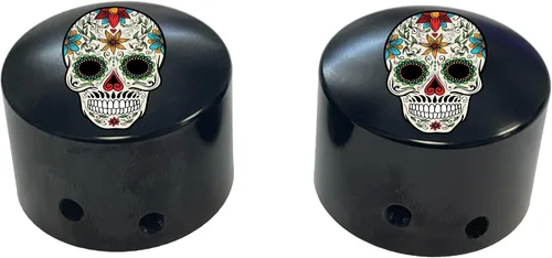 Vista 3 de Sugar Skull - Tapas de tuerca para eje delantero, color negro, compatible con Harley Davidson Touring Road King Road Glide Street Glide Ultra Dyna